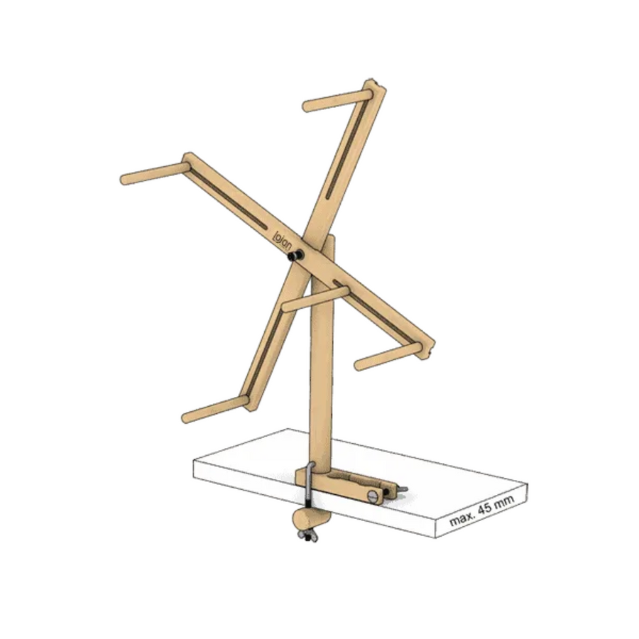 Lojan Skeinwinder on table clamp — adjustable four-arm yarn winder for making custom skeins