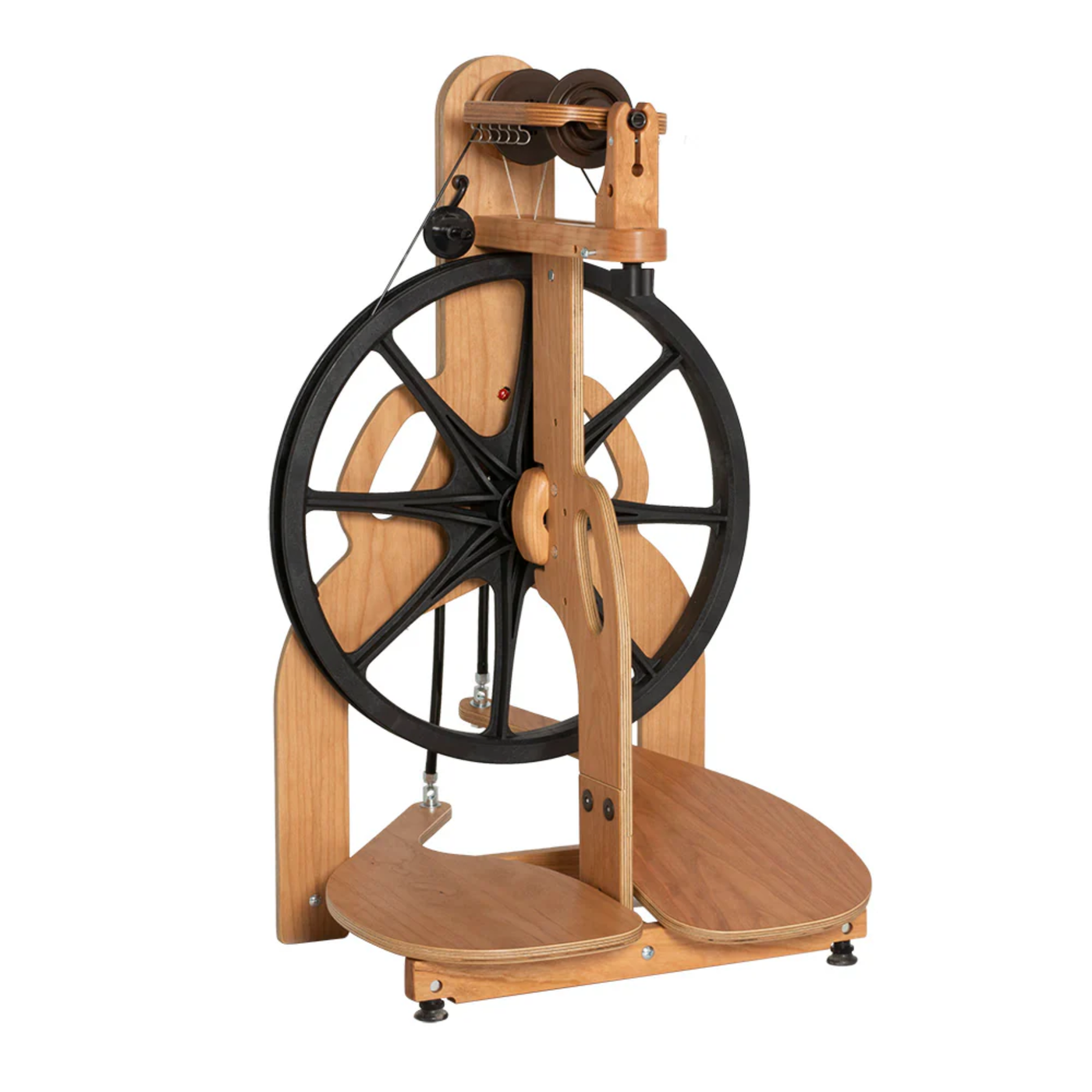 Front three-quarter product view of the Schacht Ladybug Spinning Wheel, 2025 Limited Edition cherry wood with black drive wheel, on white.
