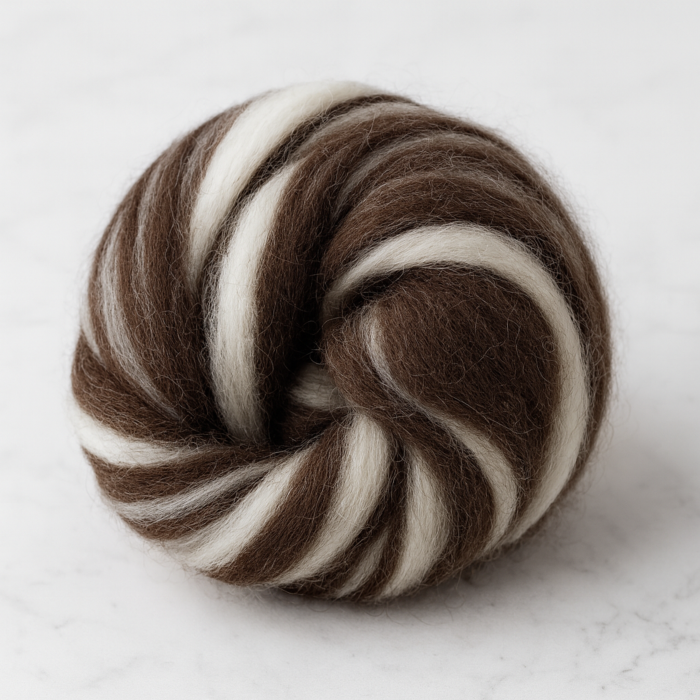 Yin Yang natural blend Corriedale wool roving top coiled—8 oz undyed brown-and-white cleaned, combed core wool for spinning, felting, and weaving.