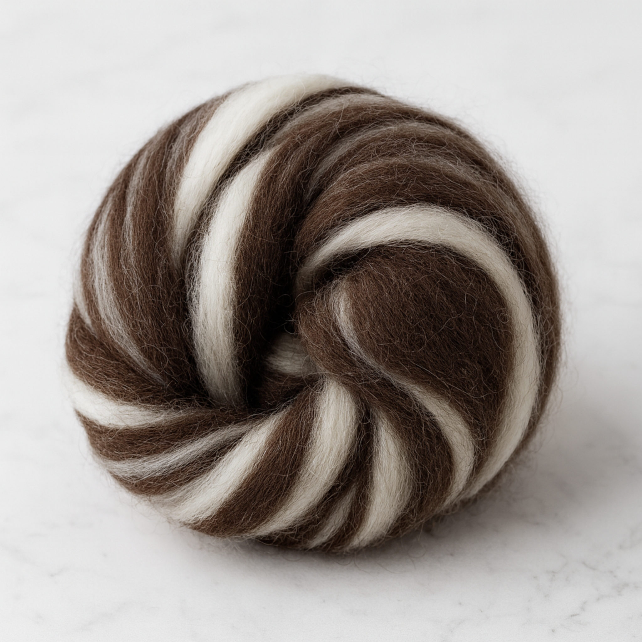 Yin Yang natural blend Corriedale wool roving top coiled—8 oz undyed brown-and-white cleaned, combed core wool for spinning, felting, and weaving.