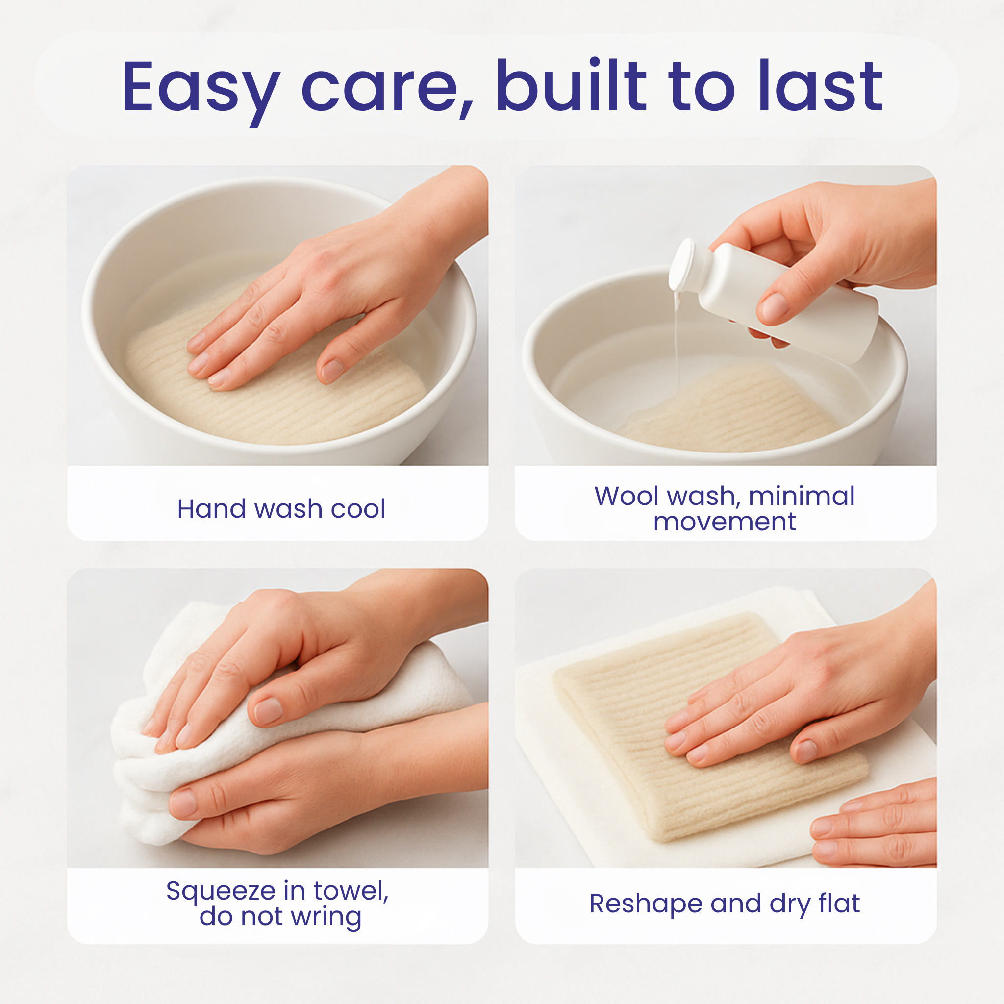 Care guide infographic—how to hand-wash Corriedale wool gently and dry flat to maintain softness and longevity.