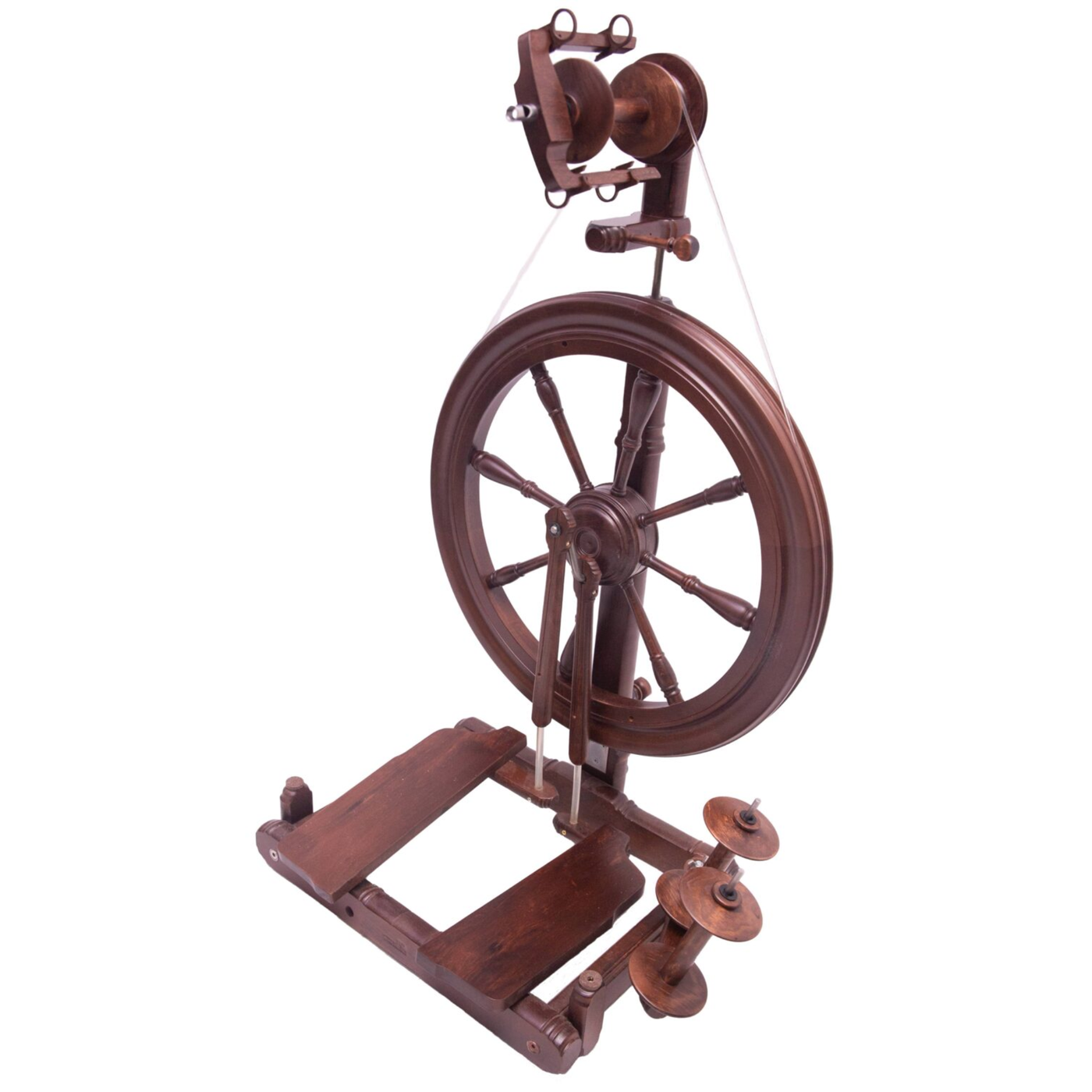 Dark-walnut-stained Kromski Sonata Encore spinning wheel on white background, angled view of foldable base and treadle assembly.