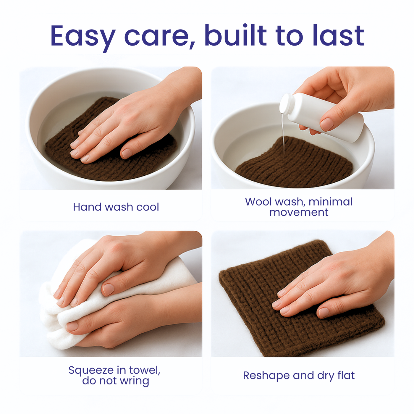 Wool care infographic—hand-wash gently, rinse cool, press out water, and dry flat to preserve Corriedale softness and shape.
