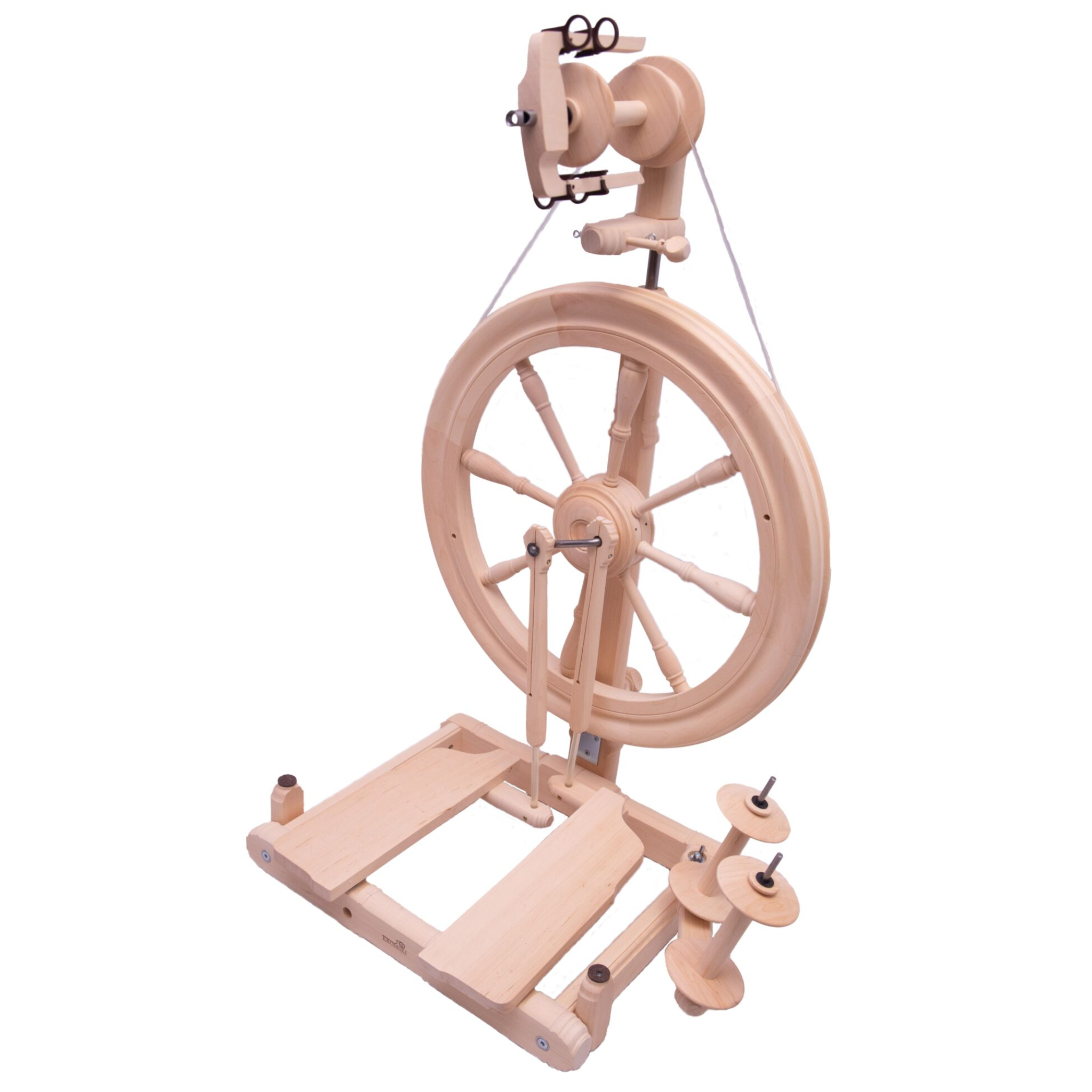 Natural unfinished wood Kromski Sonata Encore spinning wheel on white background, showing drive wheel, flyer, and compact folding frame.