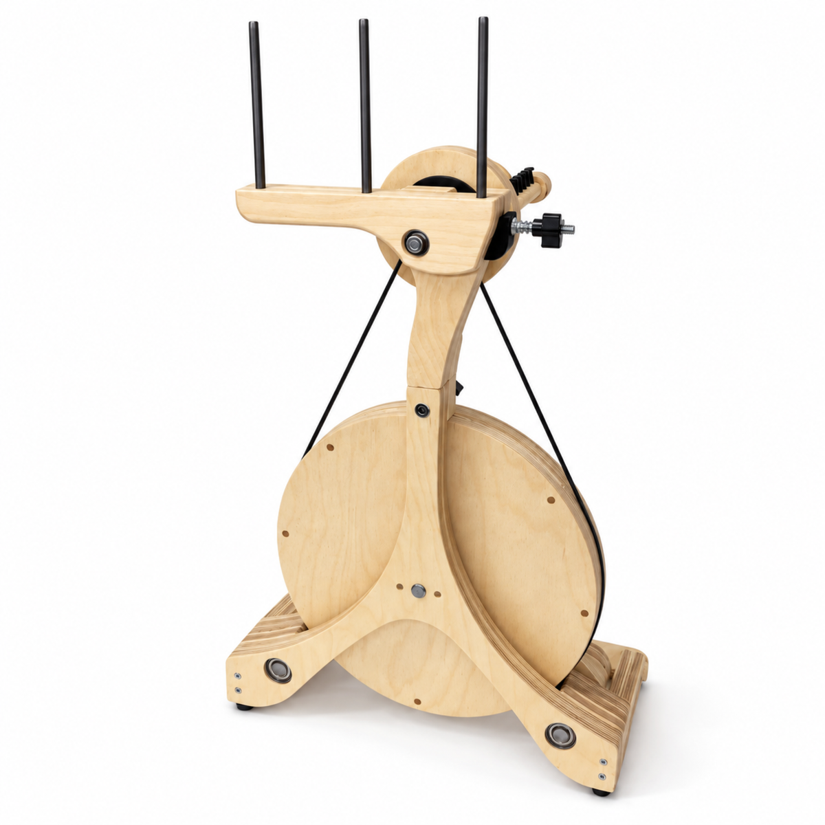 Rear view of the SpinOlution Pollywog spinning wheel showing the wooden drive wheel, upright supports, double treadles, and drive band.