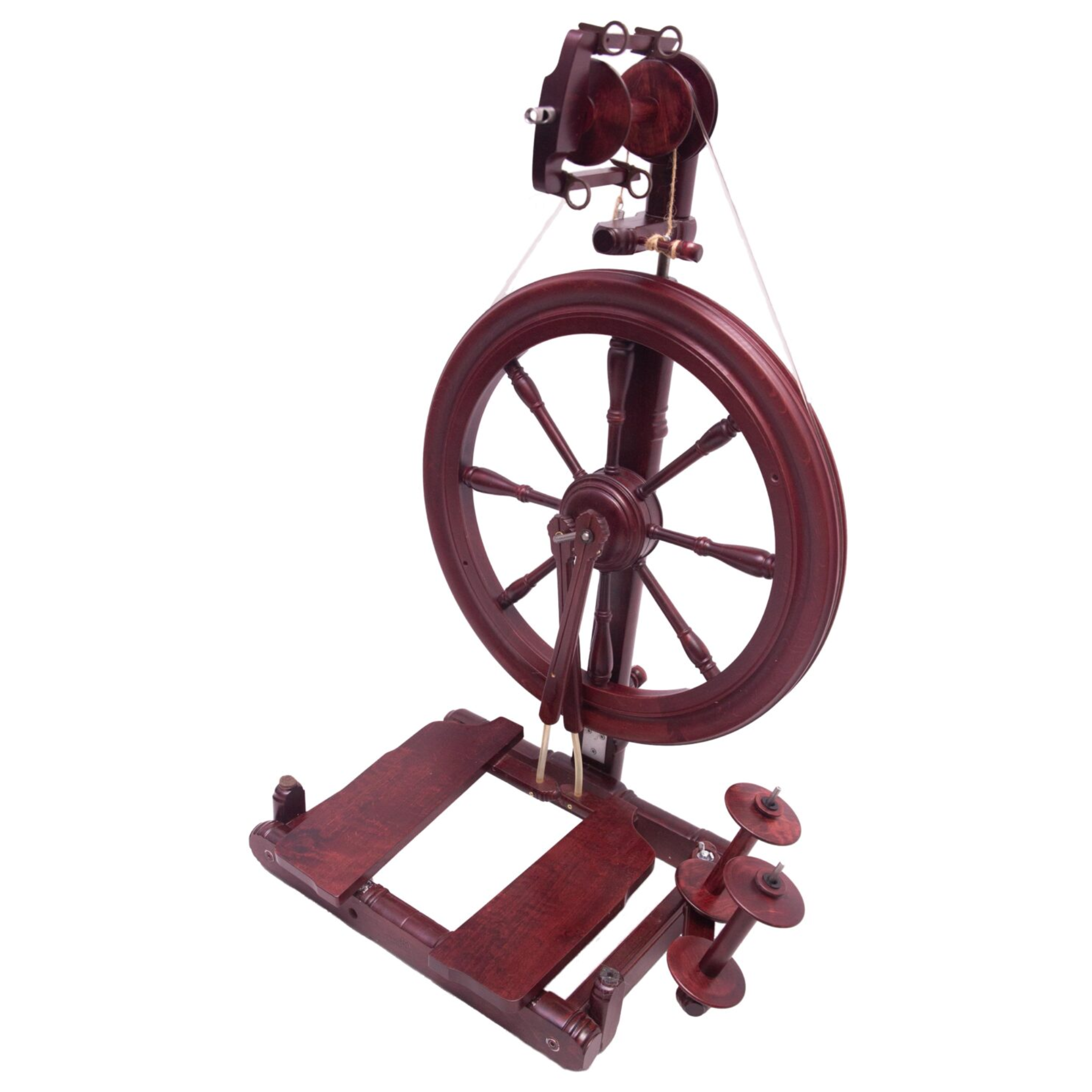 Deep Mahogany stained Kromski Sonata Encore spinning wheel on white background—portable castle wheel view with treadle and bobbins.