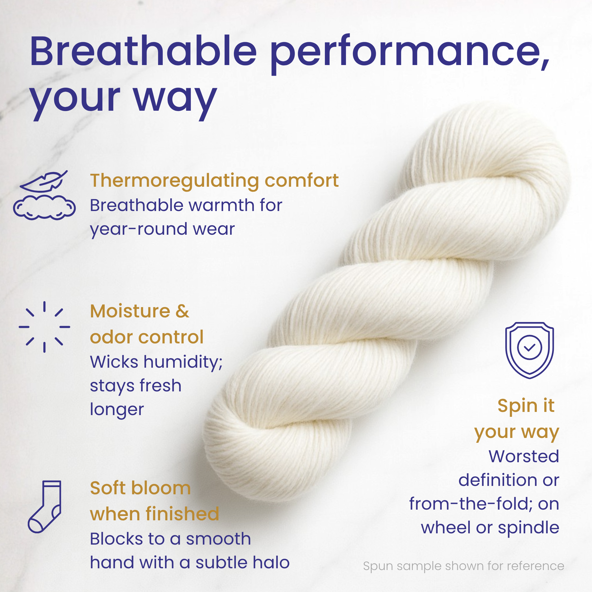 Infographic—Merino’s breathable, moisture-managing, thermoregulating performance; soft hand that feels great next to skin.