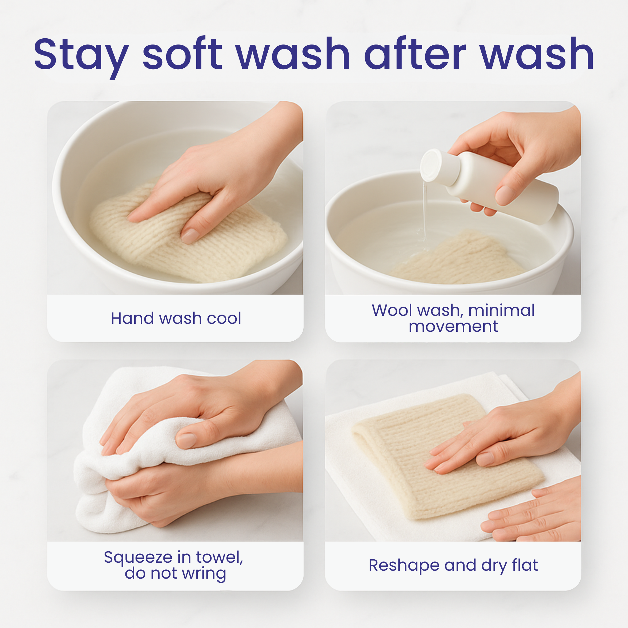 Care infographic—hand-wash cool, gently press, reshape and dry flat; Merino stays soft and beautiful wash after wash.