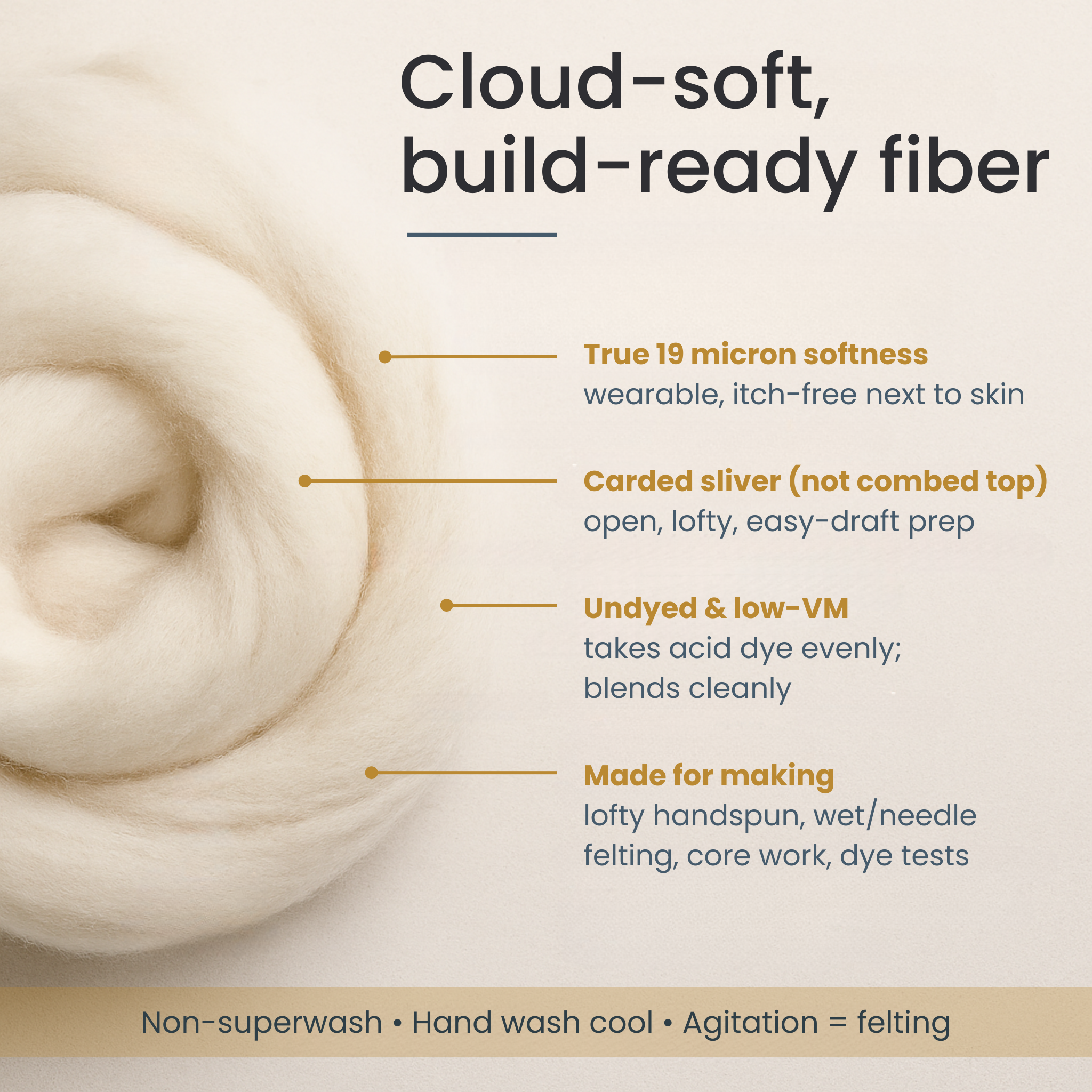 Infographic of undyed 19-micron Merino carded sliver coiled on a neutral background with callouts: true 19-micron softness; carded sliver (not combed top)—open, lofty draft; undyed, low-VM—dyes evenly, blends cleanly; ideal for spinning, wet/needle felting, core work, and dye experiments. Footer notes non-superwash, hand-wash cool.