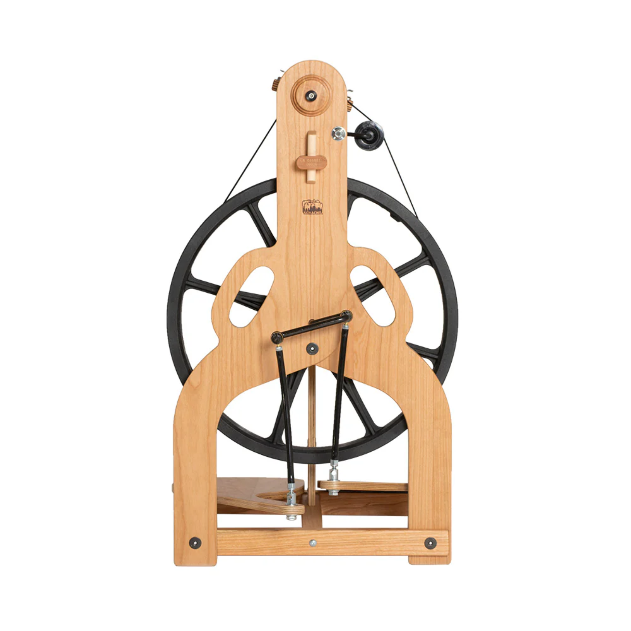 Straight-on front view of the Schacht Ladybug 2025 Limited Edition cherry spinning wheel featuring the black drive wheel and compact footprint.
