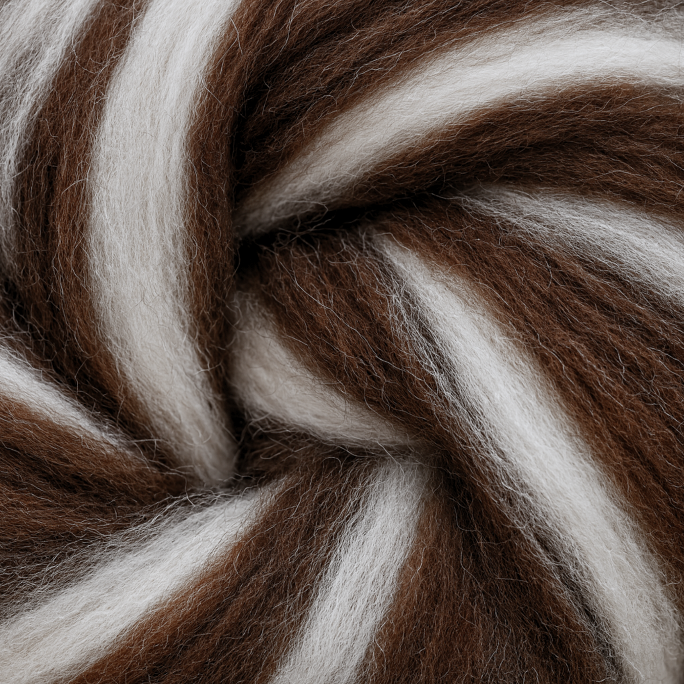 Close-up of Yin Yang Corriedale combed top showing alternating brown and white fibers with even crimp and aligned staples for smooth drafting.