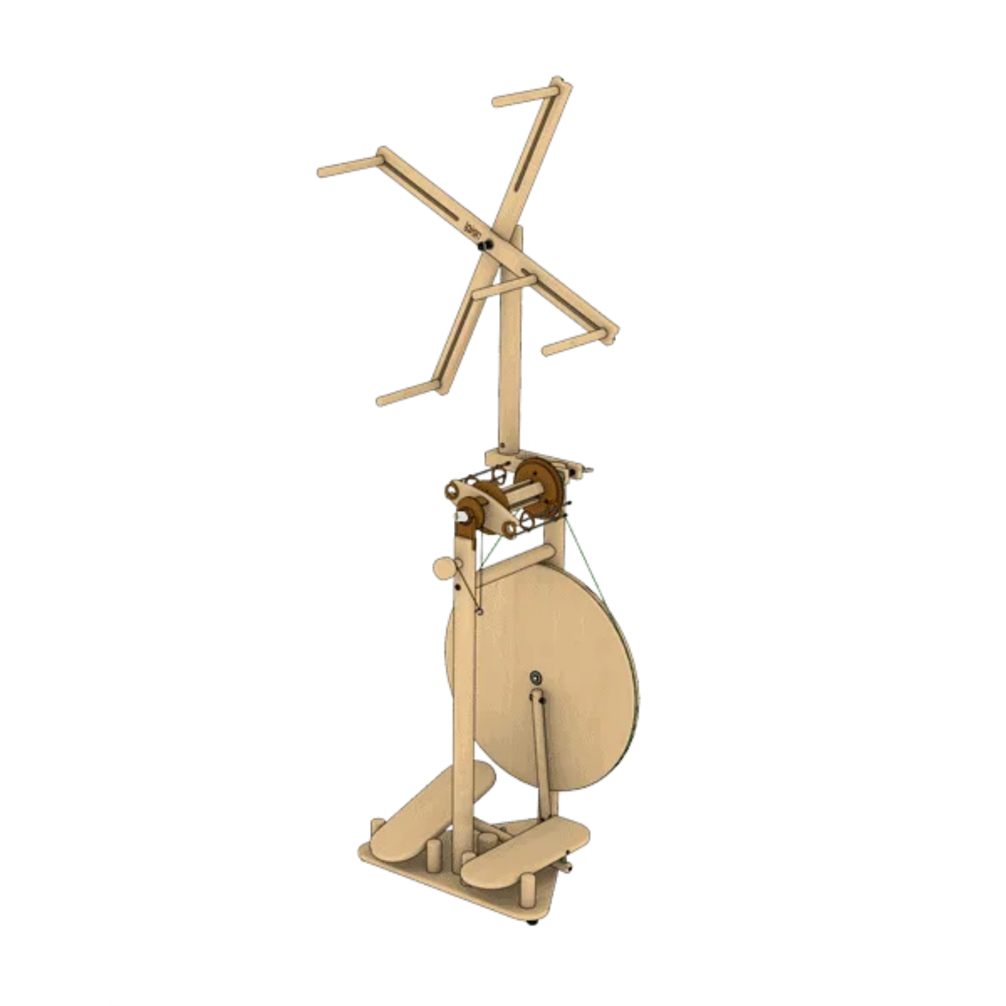Lojan Skeinwinder mounted on a Double Treadle Buddy spinning wheel — compact, foldable skein winder