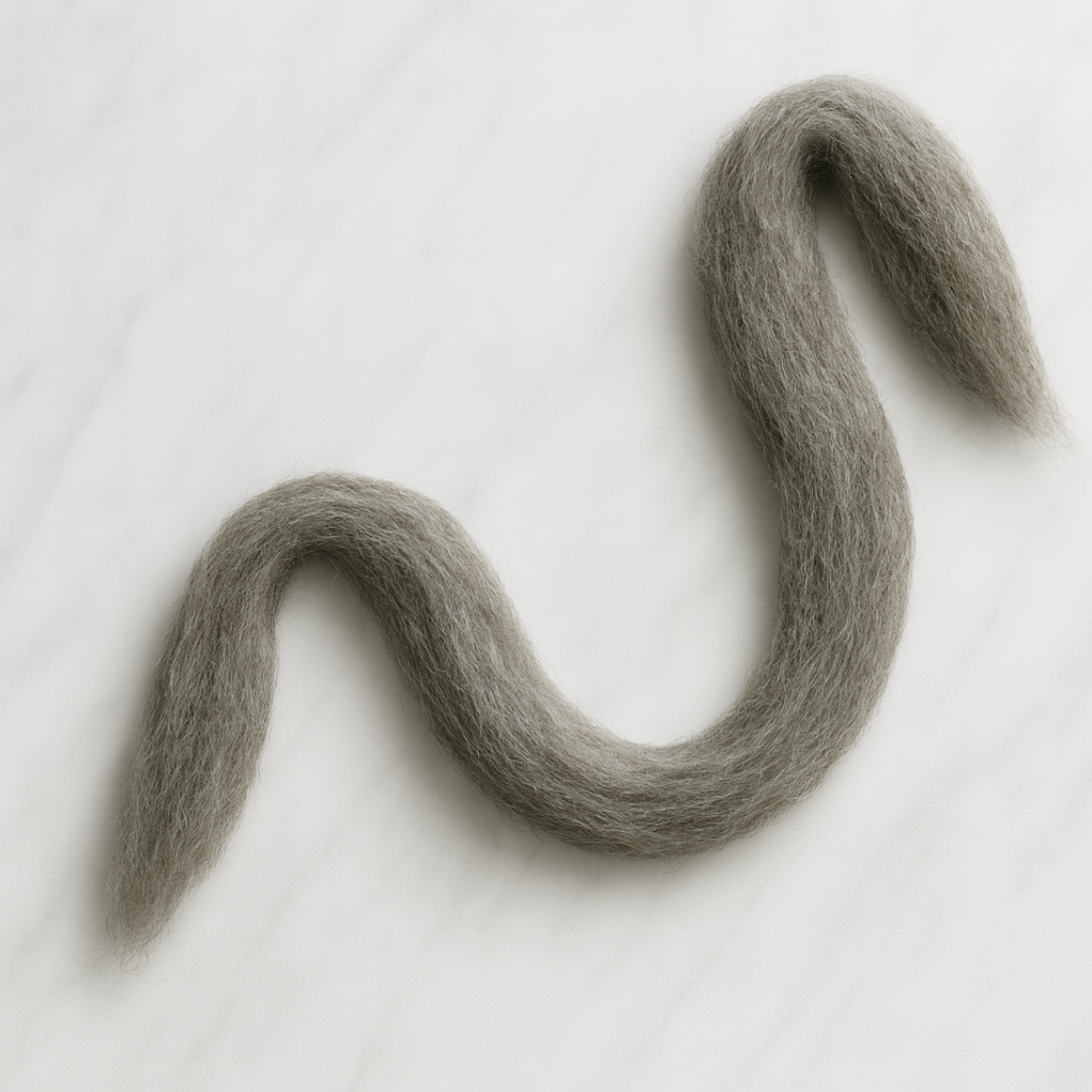 S-shaped length of Corriedale roving showing staple length and uniform preparation—clean, easy-drafting 28-micron natural gray wool.