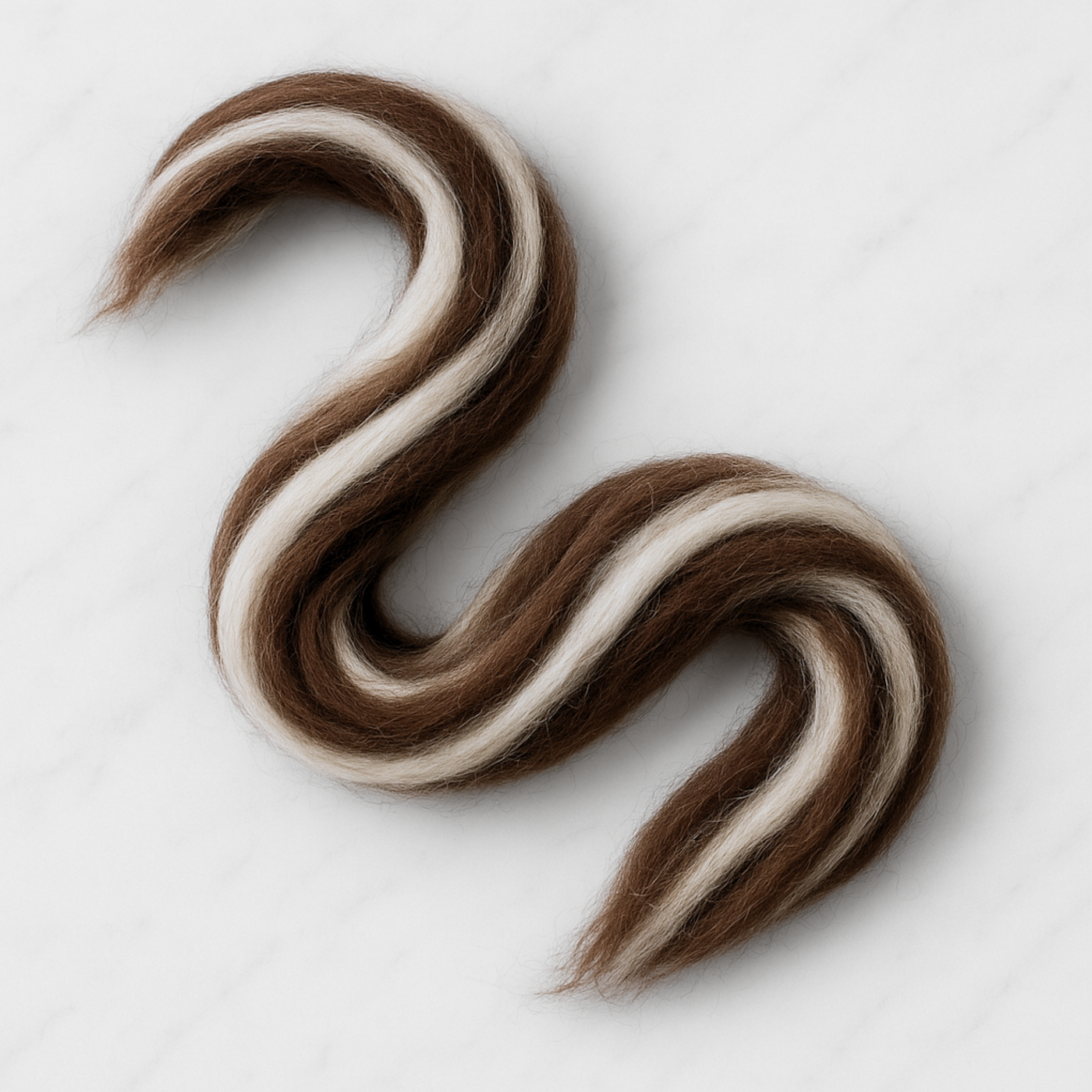 S-shaped length of two-tone Corriedale roving revealing staple length and consistent preparation—natural brown and white Yin Yang blend.