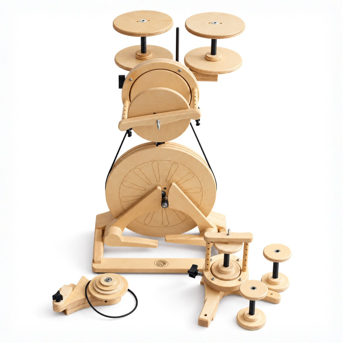SpinOlution Pollywog Holiday Bundle with wooden spinning wheel, multiple bobbins, flyer accessories, riser, accelerator, and additional spinning components arranged on white.
