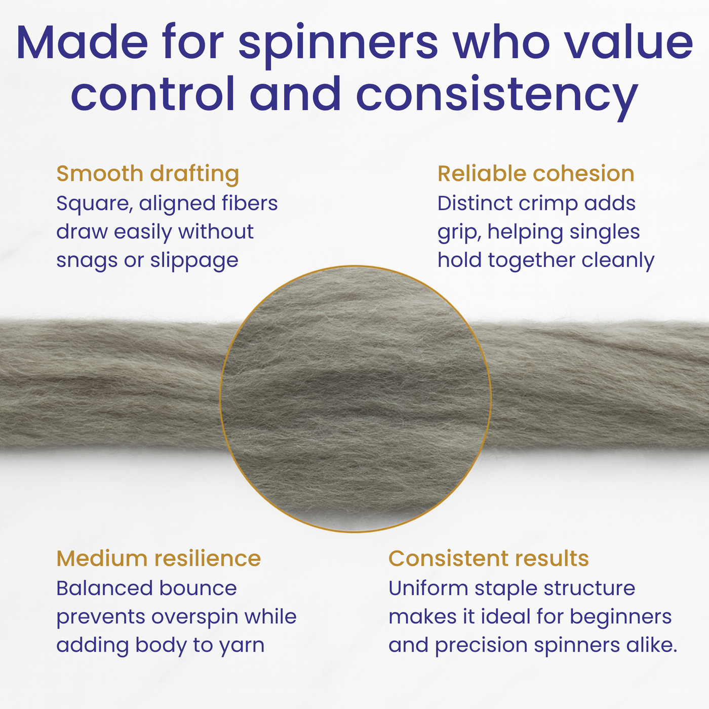 Made for spinners who value control and consistency—infographic on smooth drafting and consistent micron of Corriedale fiber.