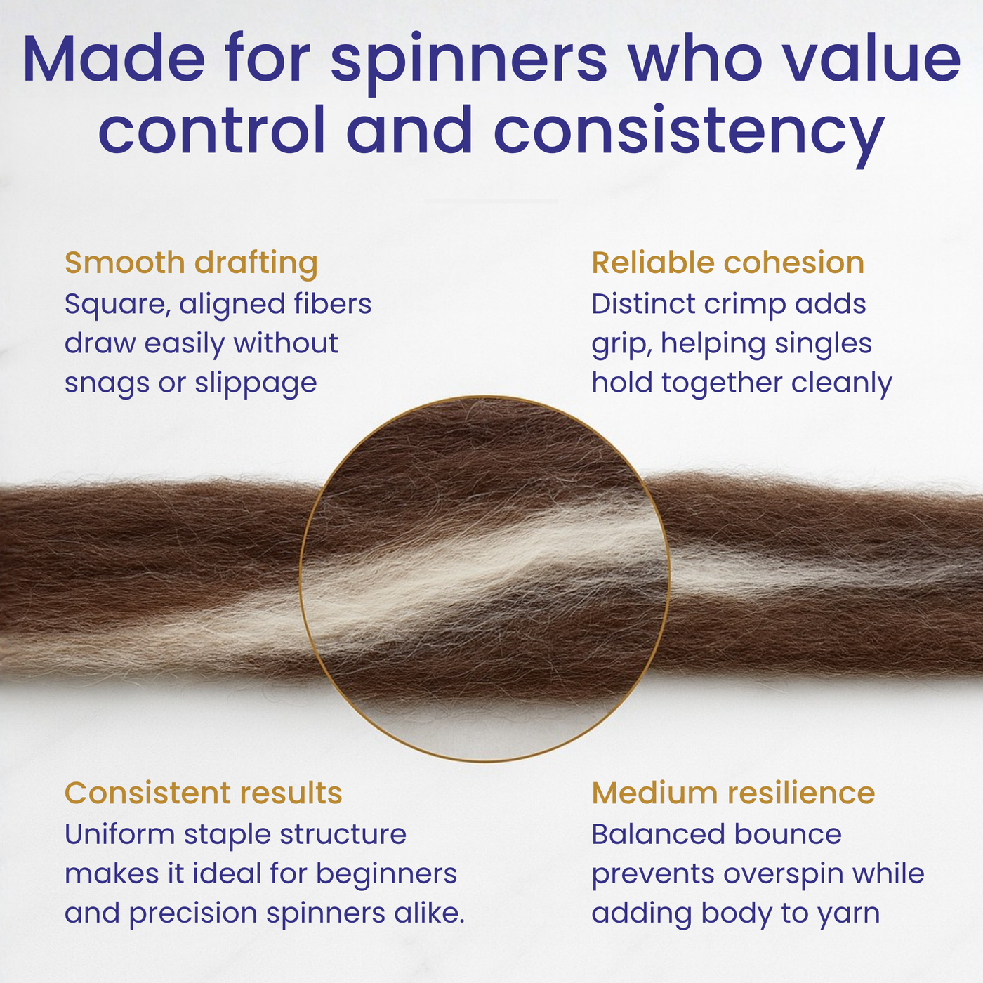 Spinners’ infographic—Yin Yang Corriedale fiber with smooth drafting, controllable prep, and consistent performance.