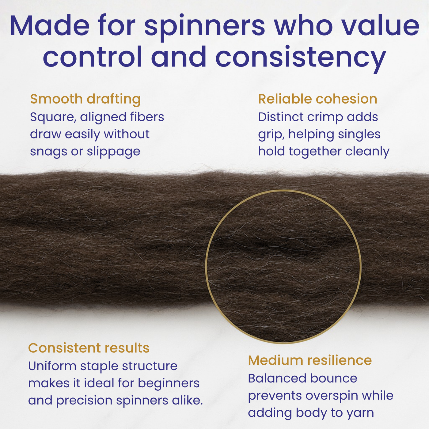 Infographic for spinners—smooth drafting, consistent micron, and controllable preparation of Corriedale combed top.