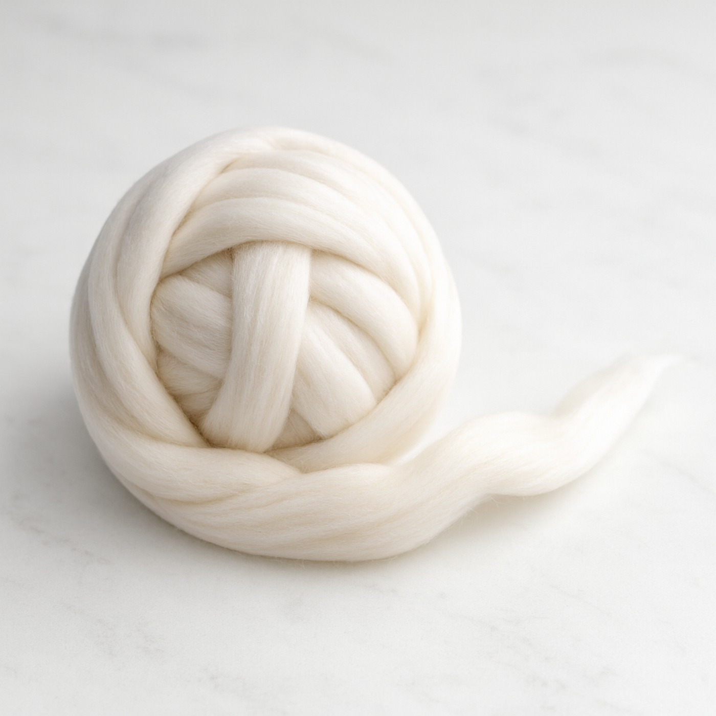Coiled Merino roving with trailing length—soft, consistent fiber that drafts predictably on wheel or drop spindle.