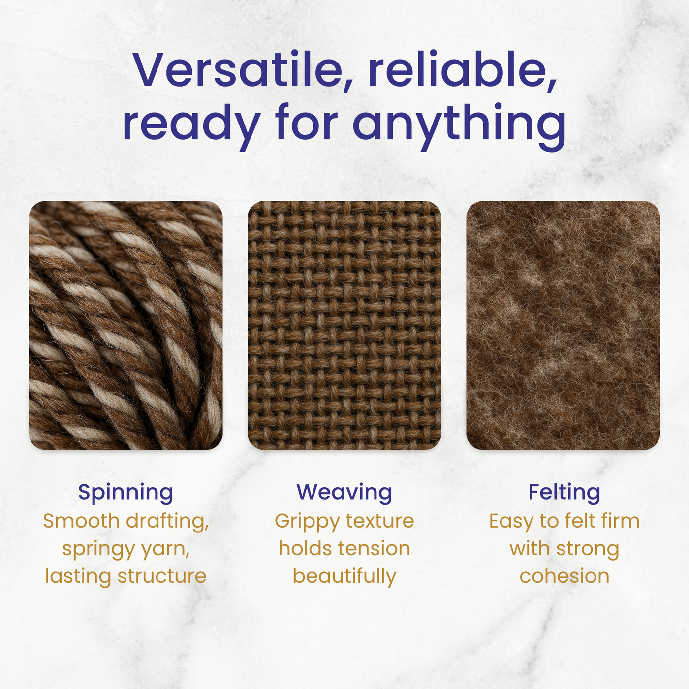 Versatility infographic—Yin Yang Corriedale roving for spinning, weaving, needle felting, and wet felting projects.