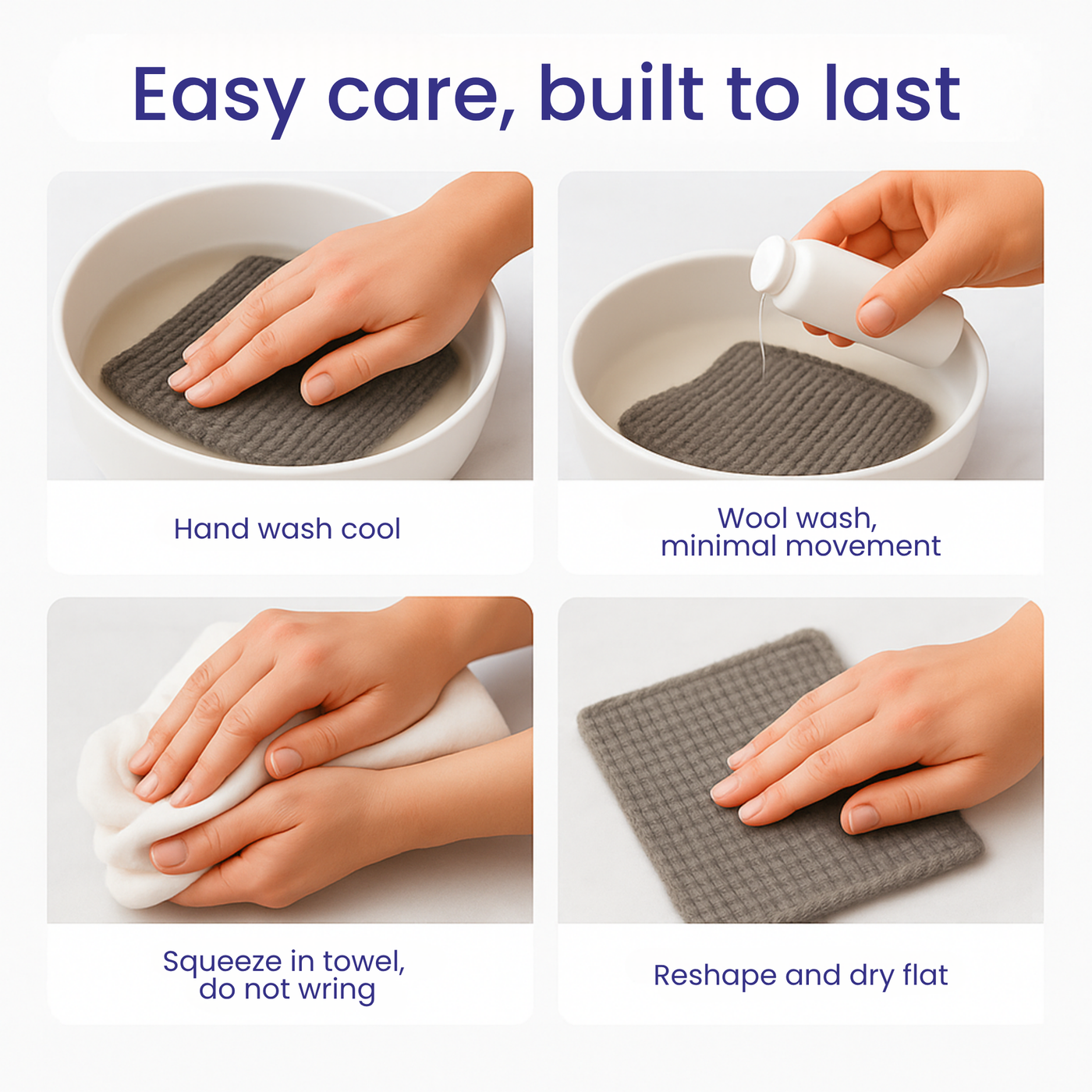 Easy care guide—hand-wash Corriedale wool gently and dry flat to preserve softness, structure, and long-lasting performance.