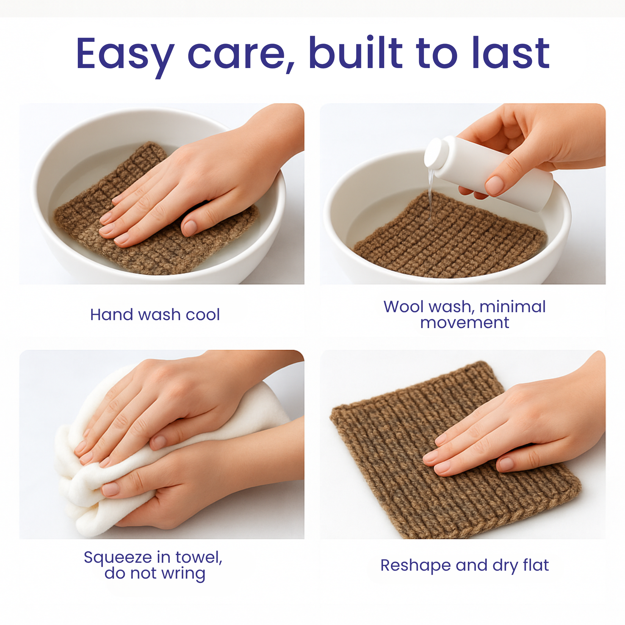 Easy-care infographic—hand-wash gently, rinse cool, press out water, and dry flat to protect Corriedale wool softness and structure.