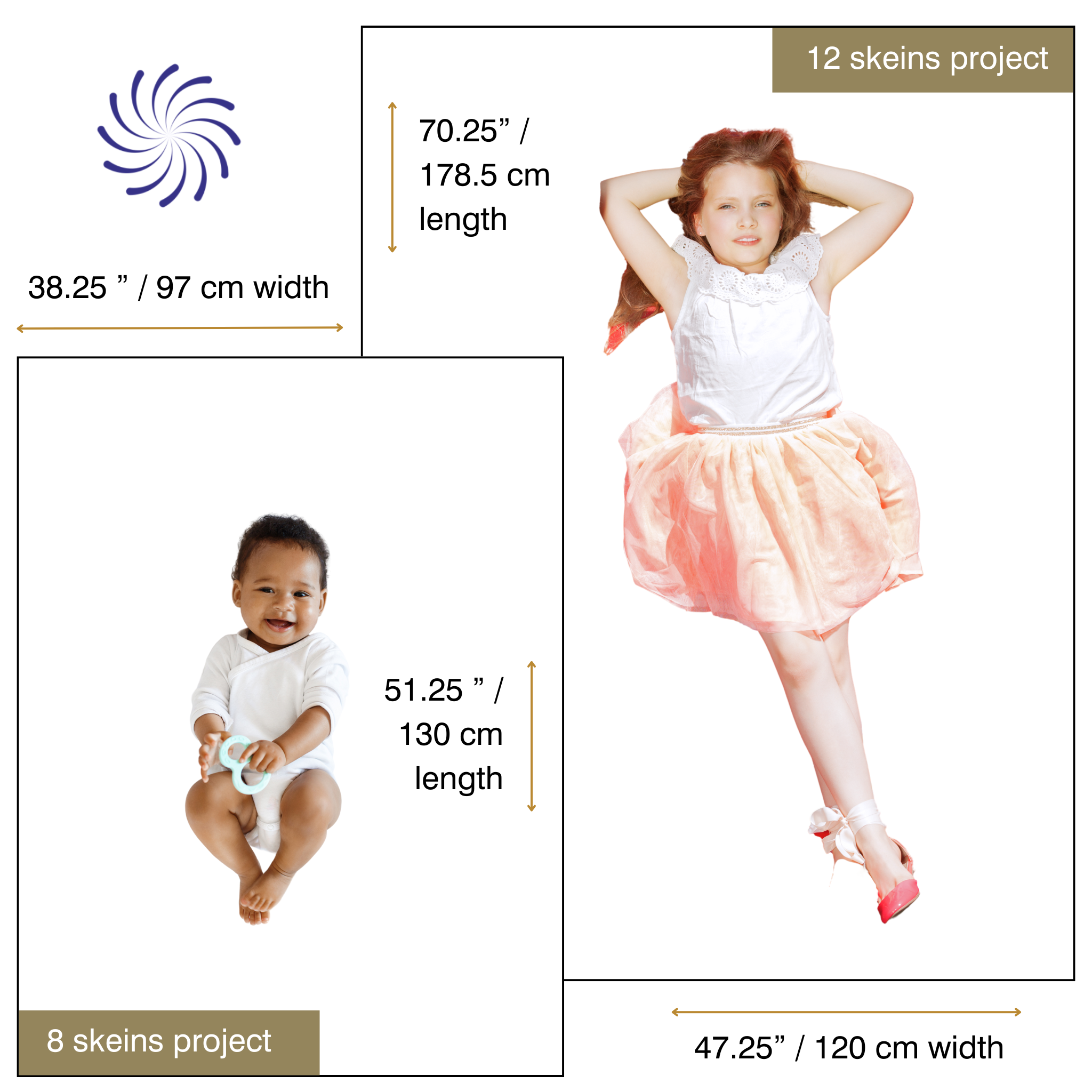 Comparison of two Accoloration Blanket Kit sizes: an 8 skein small size project measuring 38.25” (97 cm) width by 51.25” (130 cm) length, and a 12 skein large size project measuring 47.25” (120 cm) width by 70.25” (178.5 cm) length. Baby shown for scale with 8 skein project, child shown for scale with 12 skein project.
