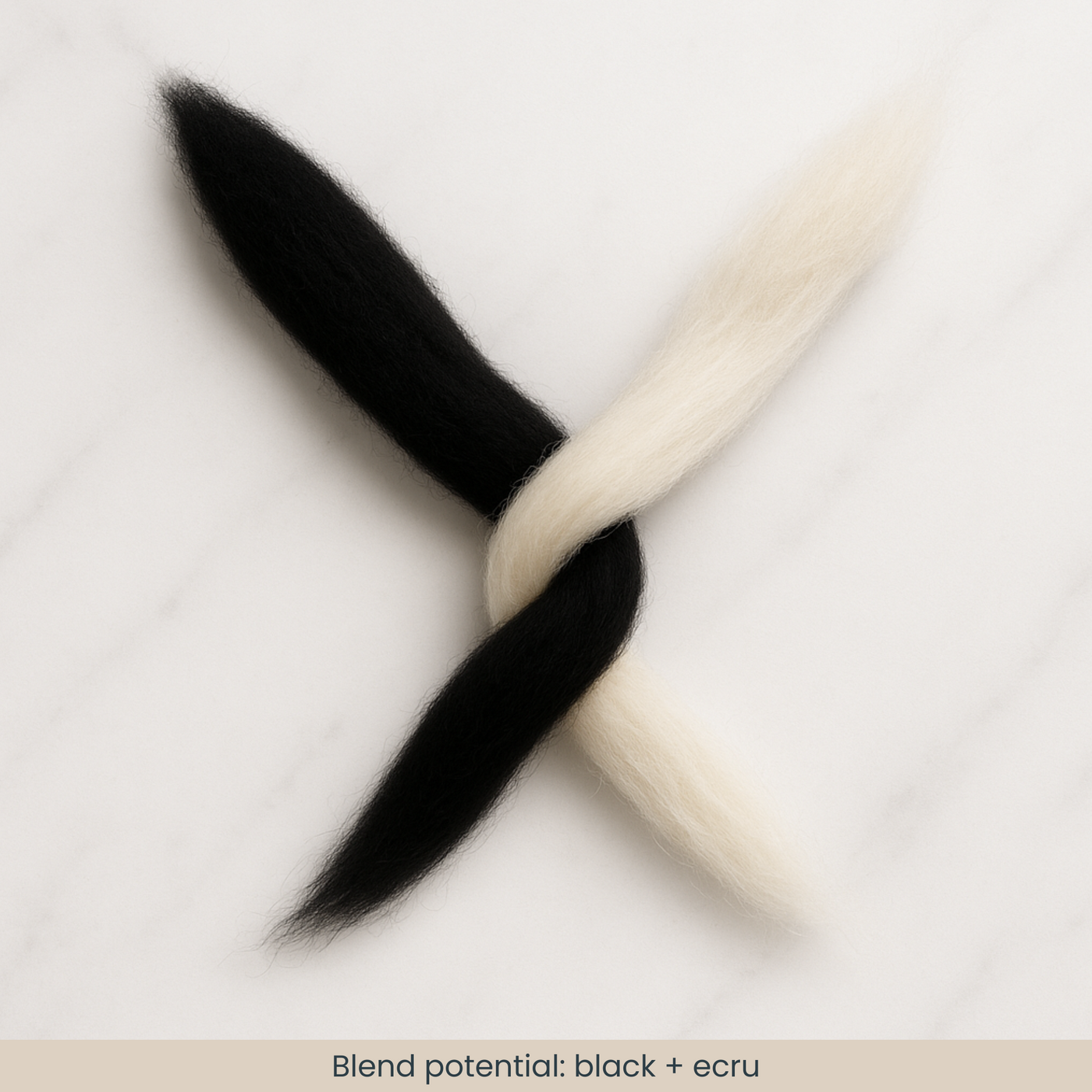 Black and ecru 19-micron Merino carded sliver strands loosely twisted on white marble, showing blend potential for marls and instant grayscale mixes.