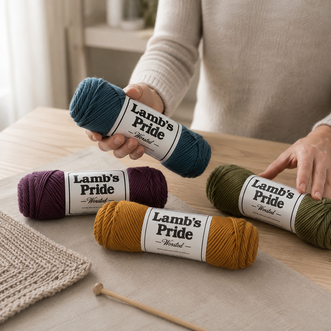 Maker handling four different Brown Sheep Lamb’s Pride skeins from an example mystery assortment on a neutral work surface.