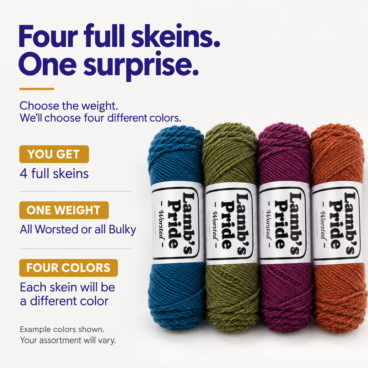 Four-skein Lamb’s Pride Mystery Yarn Pack infographic explaining that customers choose the weight and receive four different colors.