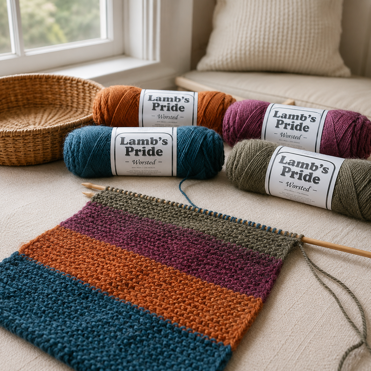 Multicolor yarn project in progress beside Brown Sheep Lamb’s Pride skeins, showing one way a mystery assortment can inspire making.
