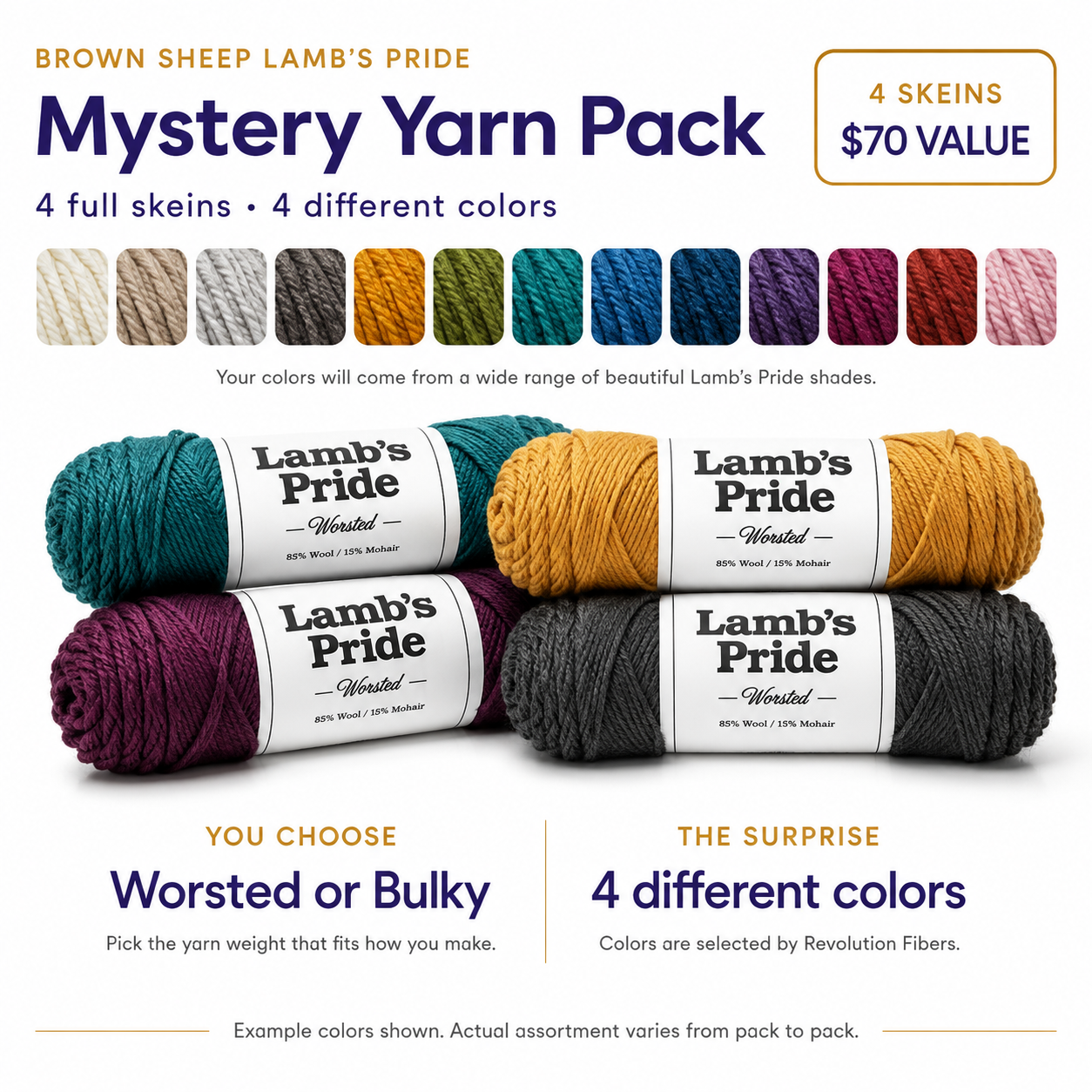Lamb’s Pride Mystery Yarn Pack overview showing four full skeins, a $70 value, color variety, and Worsted or Bulky choice.