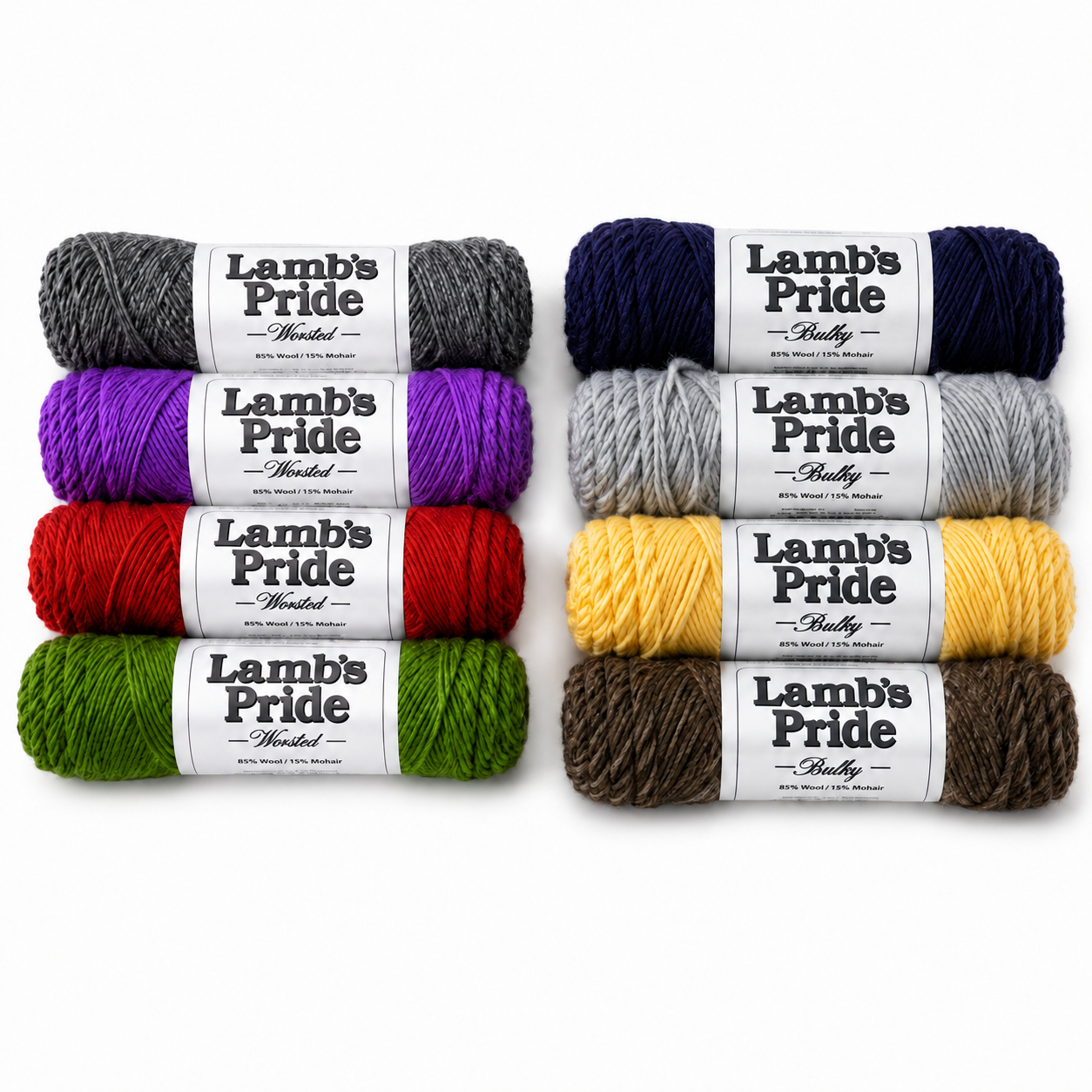 Example four-skein groups of Brown Sheep Lamb’s Pride Worsted and Bulky yarn showing the two available mystery pack weights.