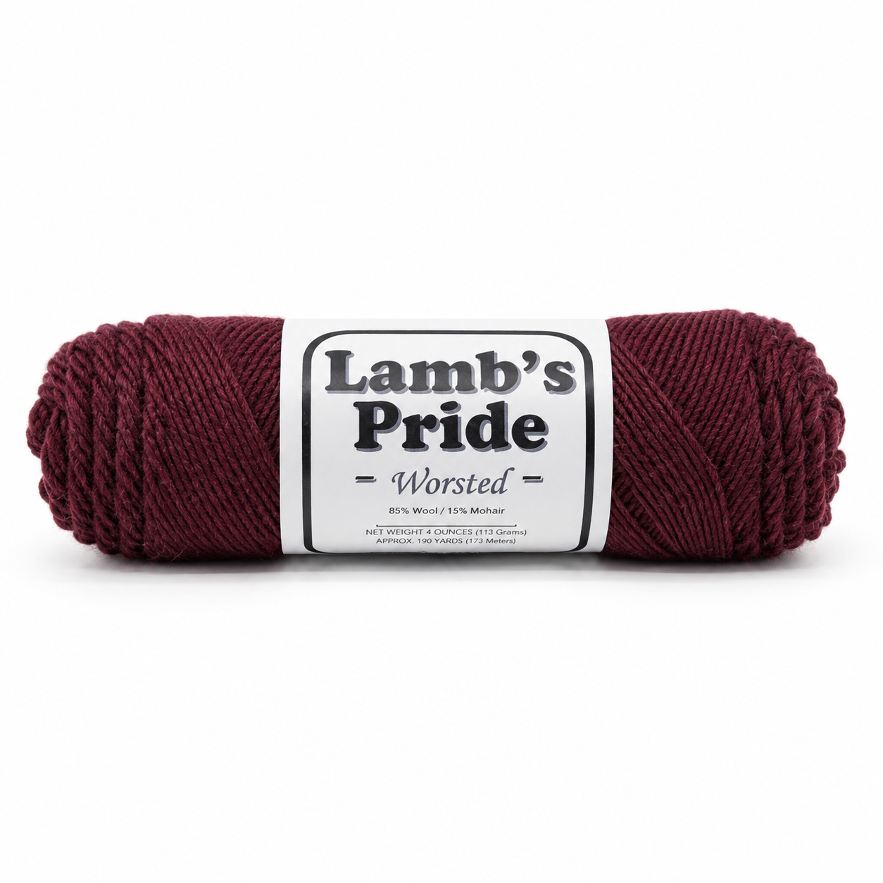 Brown Sheep Lamb’s Pride Worsted yarn skein on a white background showing the finer yarn structure and authentic product label.