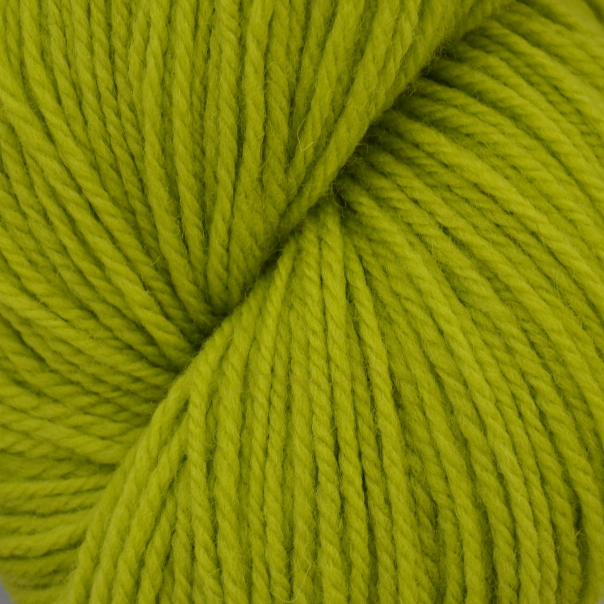 Brown Sheep Prairie Spun DK yarn skein, Green Apple chartreuse colorway close-up