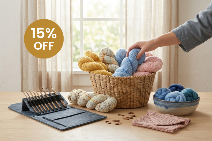 4th of July sale banner showing yarn, fiber, hooks, and summer project supplies