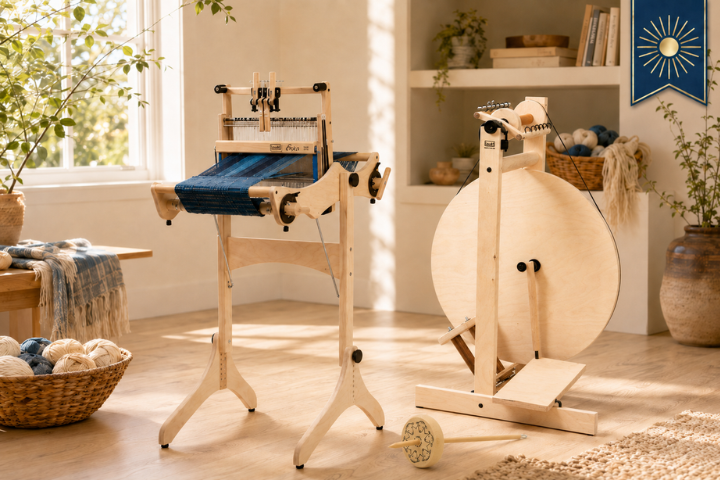 Louët spinning wheel in bright fiber arts studio for summer promotion