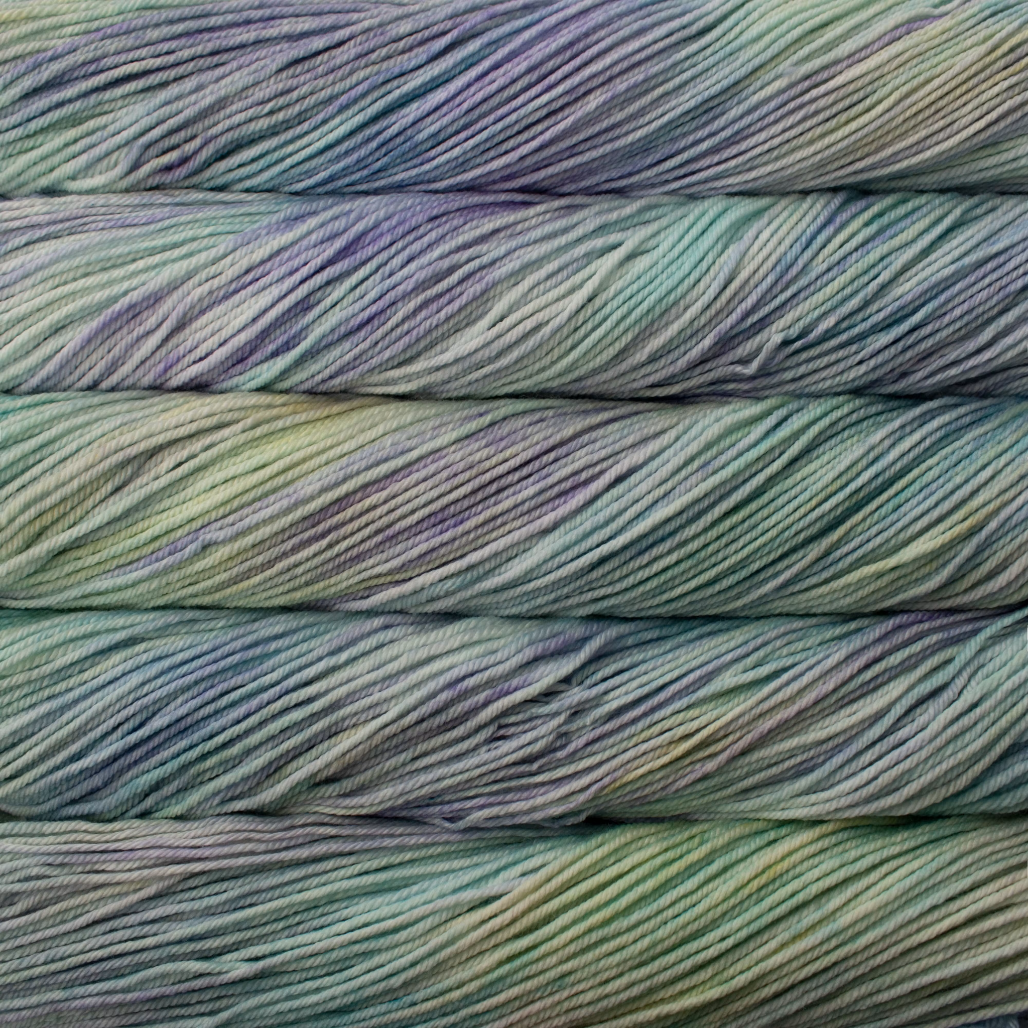 Malabrigo Rios hand-dyed worsted yarn in Daphne RIO265, blending muted sage, lavender, blue, and gray tones.