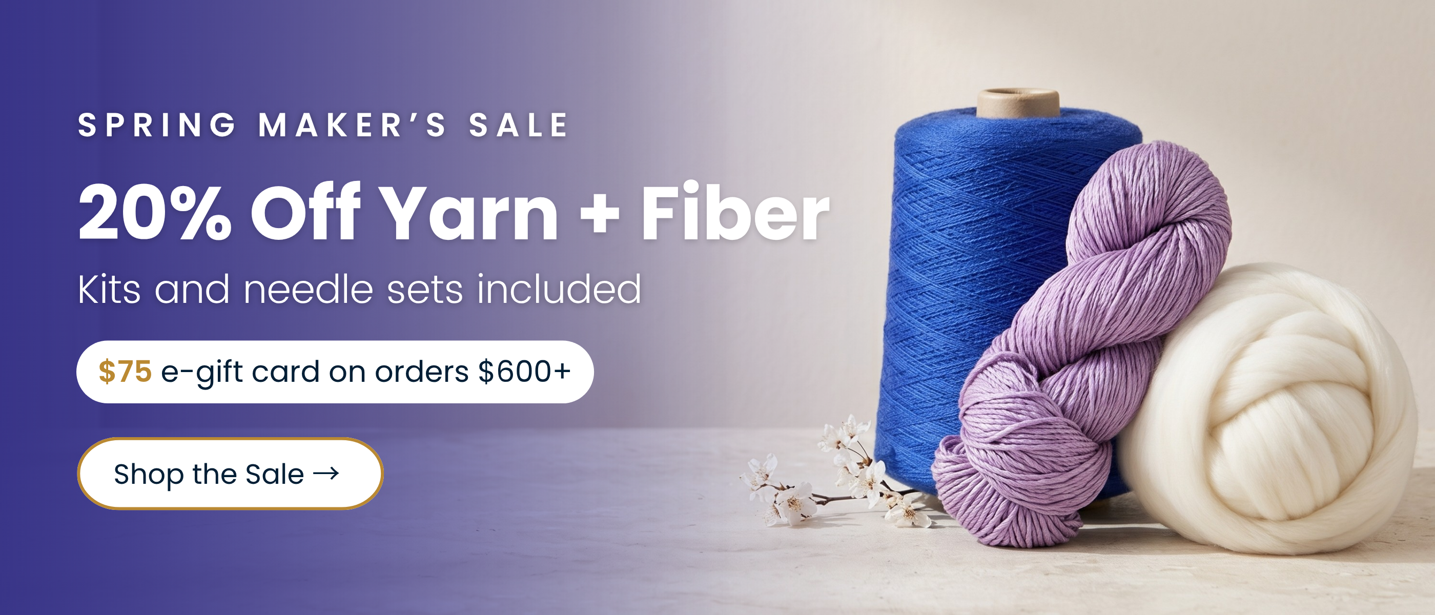 Revolution Fibers Spring Maker’s Sale banner promoting 20% off yarn, fiber, kits, and needle sets