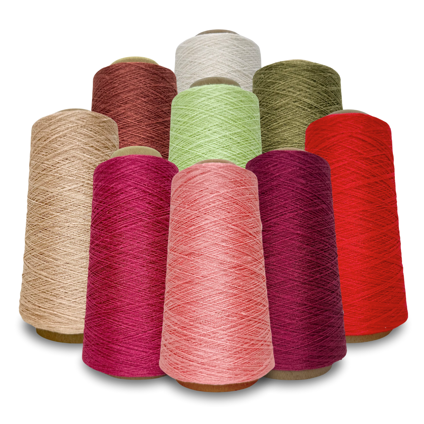 A group of nine Euroflax 14/2 Lace Weight Linen Yarn 4 oz cones in warm shades of red, pink, peach, cream, and earthy greens—ideal for weaving, knitting, and lace projects.