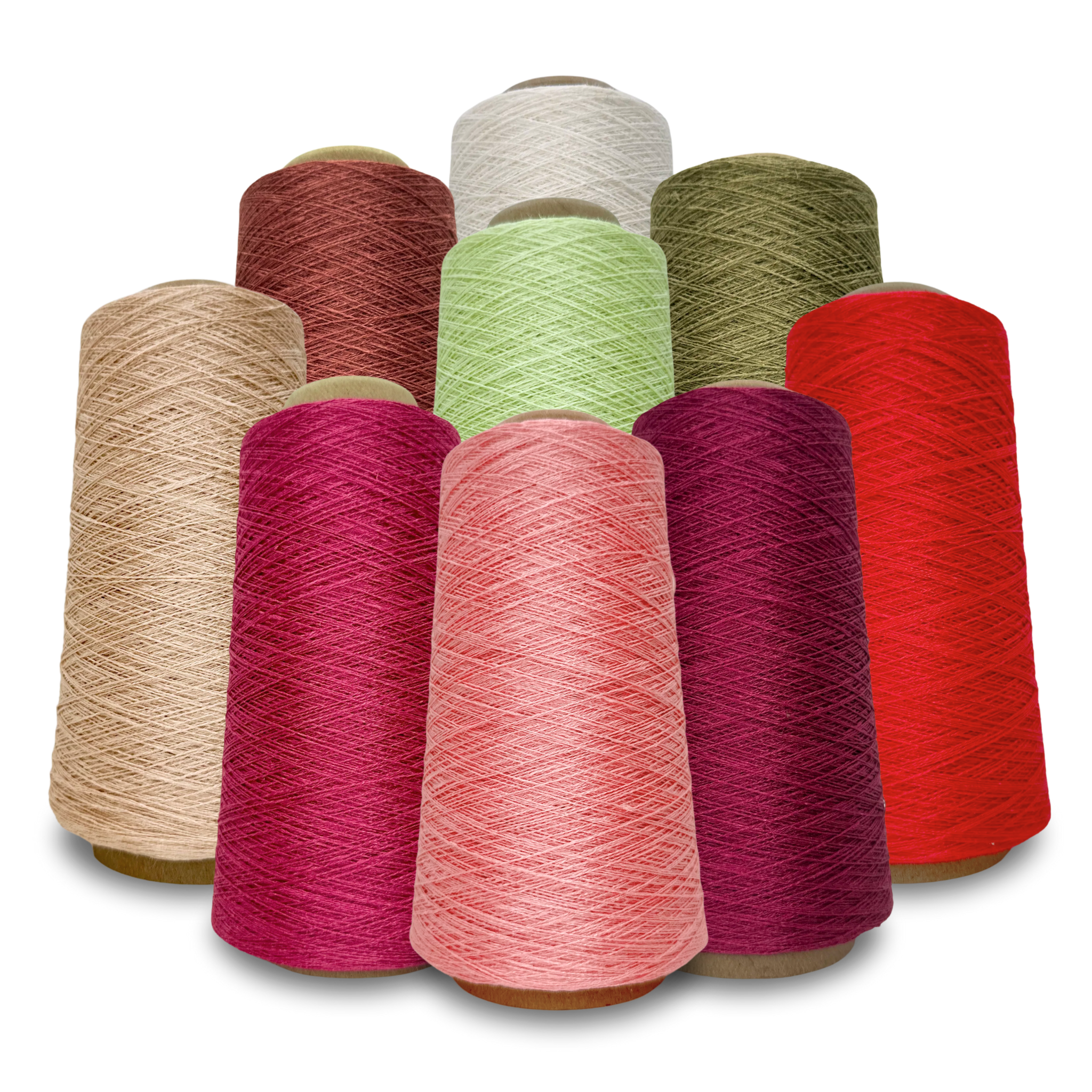 A group of nine Euroflax 14/2 Lace Weight Linen Yarn 4 oz cones in warm shades of red, pink, peach, cream, and earthy greens—ideal for weaving, knitting, and lace projects.