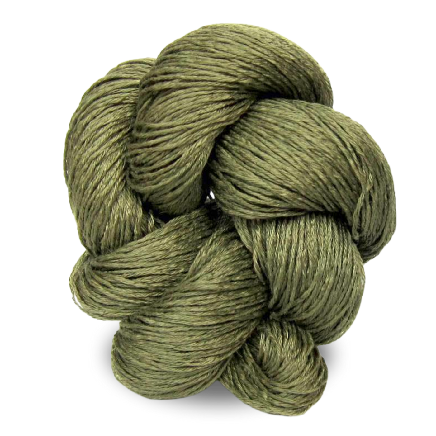 A muted olive green Euroflax linen yarn skein spun from long-line flax for relaxed earth-tone palettes.