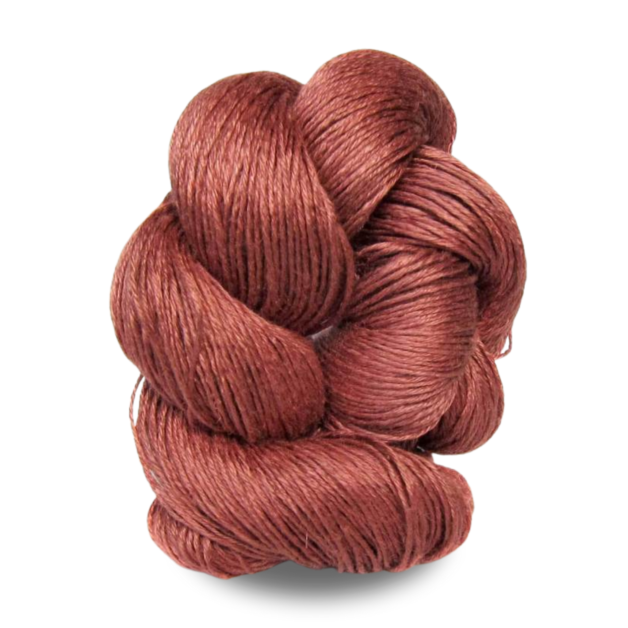 A rich, earthy brick red linen yarn skein, ideal for bold sport weight linen knitting and weaving projects.