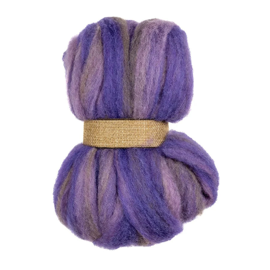 A bundle of purple and brown hand dyed mohair and merino roving.