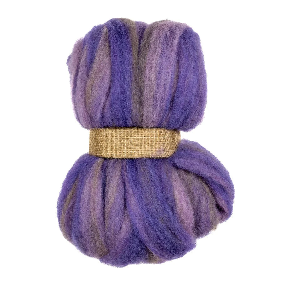 A bundle of purple and brown hand dyed mohair and merino roving.