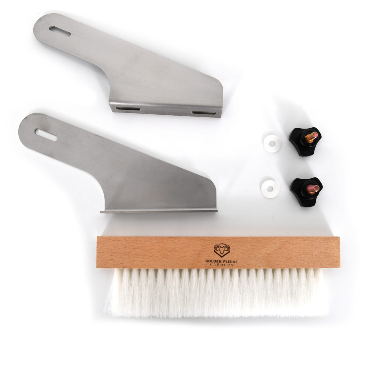 Golden Fleece Packer Brush with two mounting brackets, adjustment knobs, spacers, and brush assembly.