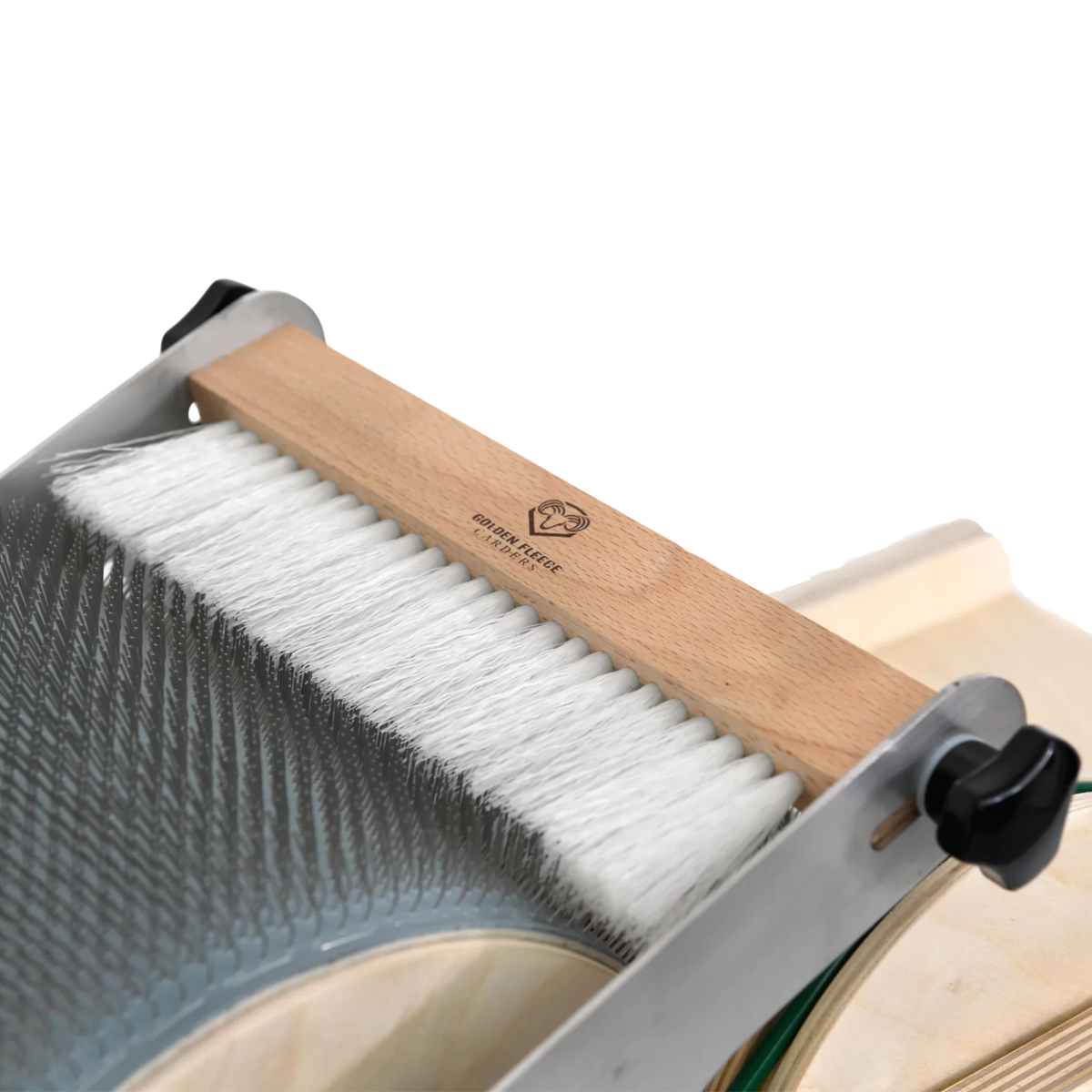 Golden Fleece standard drum carder with Packer Brush installed over the main carding drum.