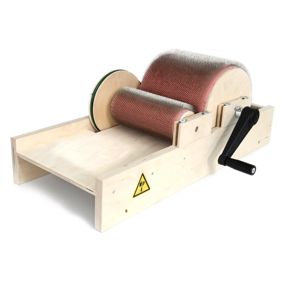 Golden Fleece standard 120 TPI drum carder shown from an angled side view on a white background.