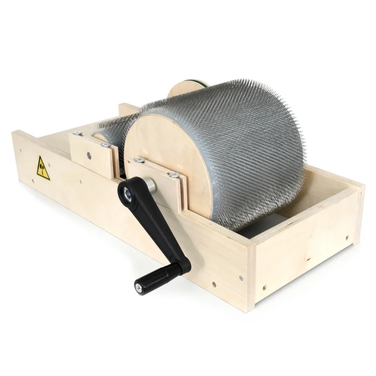 Golden Fleece standard drum carder in angled view with birch plywood frame, carding drums, and hand crank.