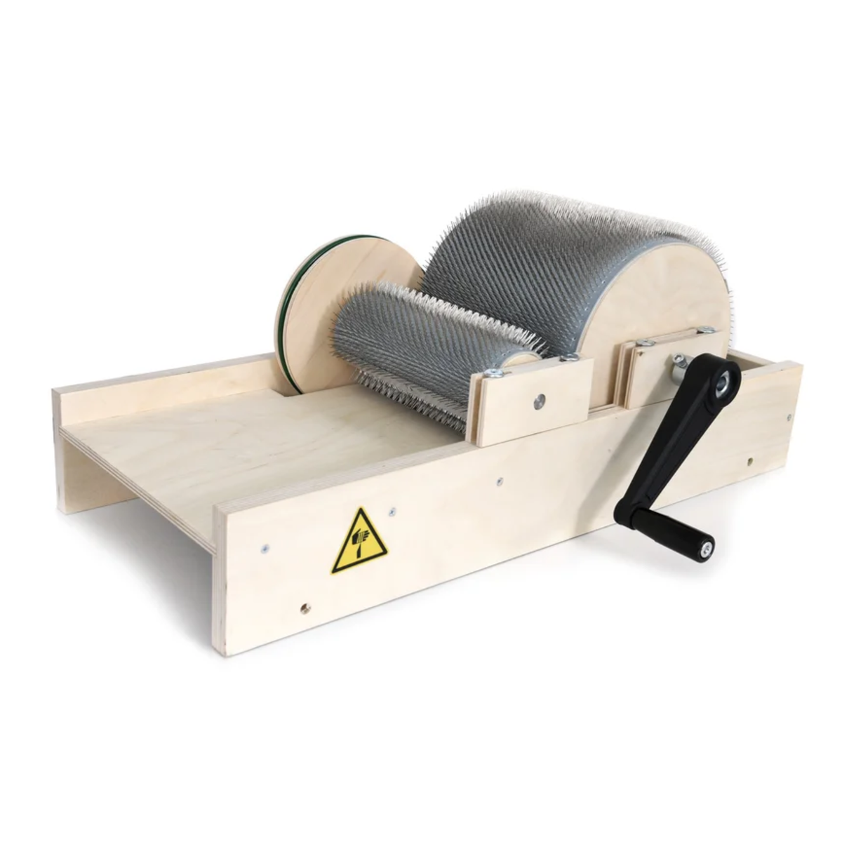 Golden Fleece standard hand-crank drum carder shown from the side angle on a clean white background.